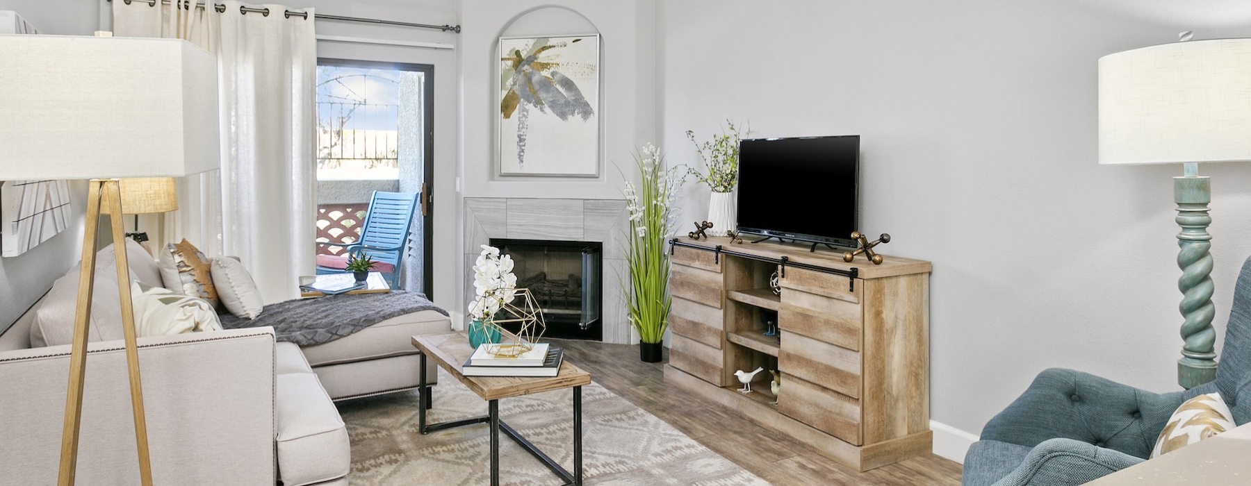 a living room with a fireplace