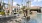 a pool with palm trees and a building in the background