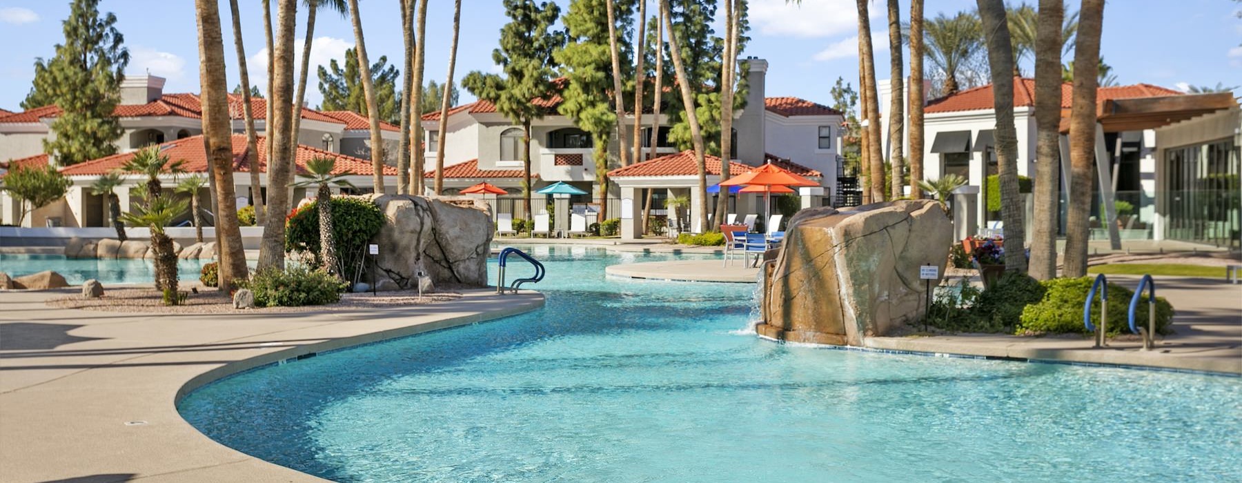 a pool with trees around it